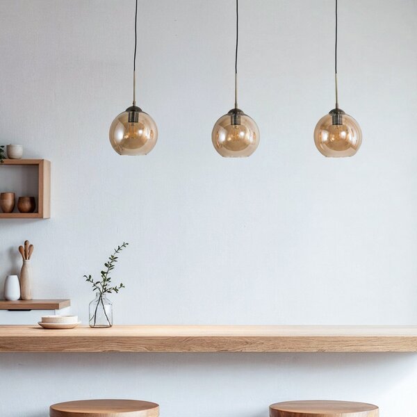 Lindby Sofian lampă suspendată, chihlimbar, sticlă, 100 cm, 3 becuri., reglabil, Bronz / Alamă Veche, Camera de zi / sufragerie, Sticlă, Modern