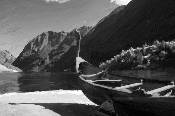 Tablou nava de lemn vikingă în design alb-negru
