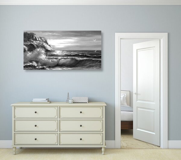 Tablou valuri de mare pe coastă în design alb-negru