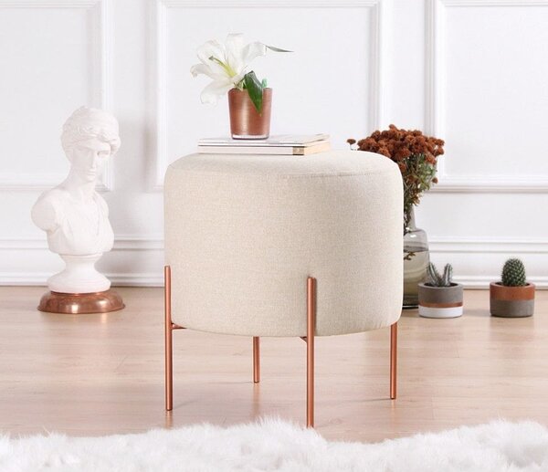 Taburet COPPER 46, crem/cupru, material textil/otel, 40x40x42 cm