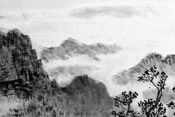 Tablou pictură tradițională chineză ale peisajului în design alb-negru