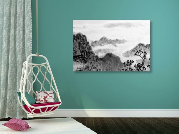 Tablou pictură tradițională chineză ale peisajului în design alb-negru