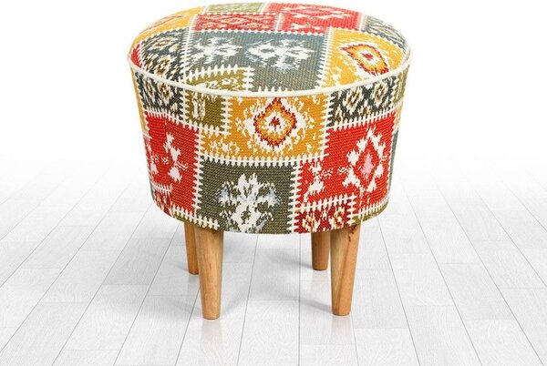 Taburet RUG, multicolor/stejar, material textil/lemn, 42x42x42 cm