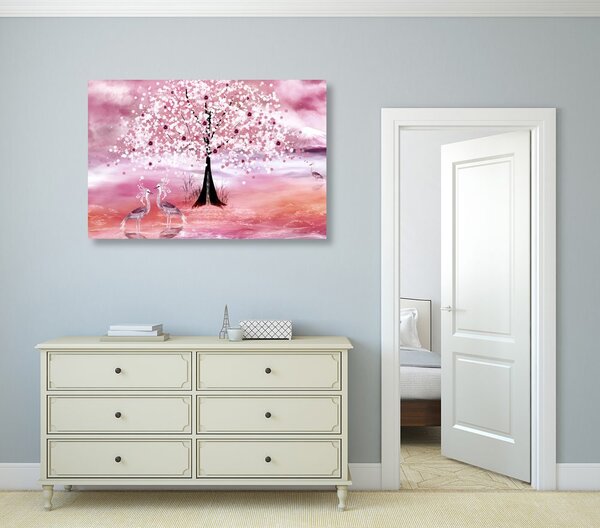 Tablou stârci sub copacul magic în design roz