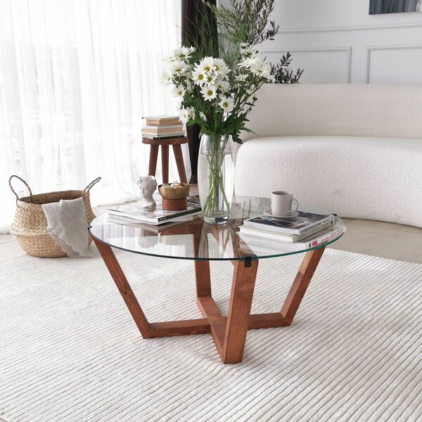 Masuta cafea Lotus, transparent/nuc, sticla/lemn, 75x75x35 cm