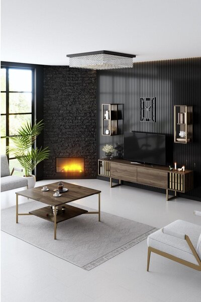 Masuta cafea Gold Line, nuc/negru, PAL, 80x80x40 cm