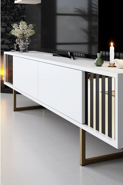 Mobilier living GOLD LINE, alb/auriu, PAL melaminat/metal, 3 piese
