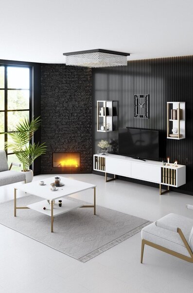 Mobilier living GOLD LINE, alb/auriu, PAL melaminat/metal, 3 piese