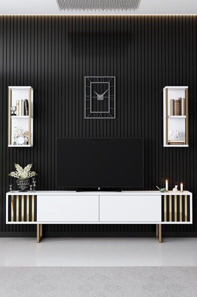 Mobilier living GOLD LINE, alb/auriu, PAL melaminat/metal, 3 piese