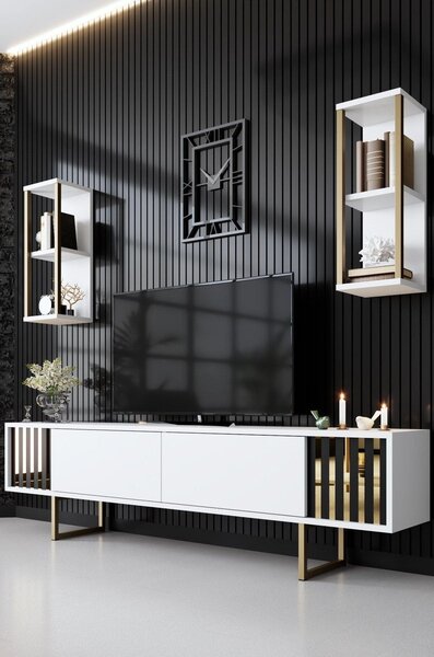 Mobilier living GOLD LINE, alb/auriu, PAL melaminat/metal, 3 piese