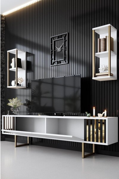 Mobilier living GOLD LINE, alb/auriu, PAL melaminat/metal, 3 piese