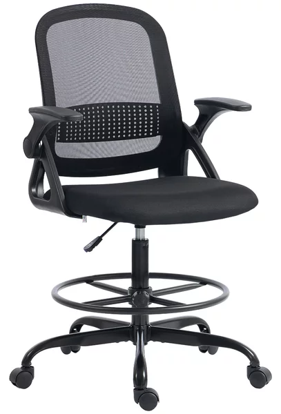 HOMCOM Scaun de Birou Ergonomic, Scaun Rotativ din Plasă, Înălțime Reglabilă și Suport pentru Picioare, Scaun de Birou cu Suport Lombar și Brațe Rabatabile, Capacitate 120kg, Negru | Aosom Romania