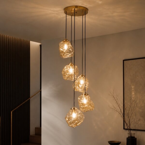 Lustră suspendată pe cablu CRISTAL, 5xE14/15W/230V, alamă/bej fumuriu