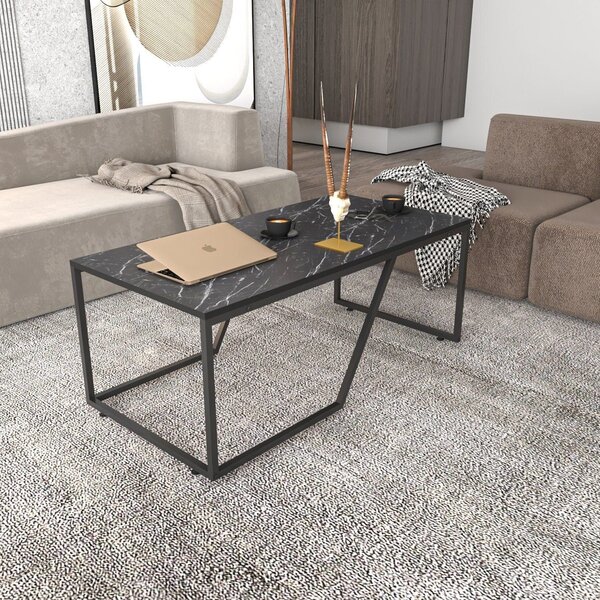 Masuta cafea Wendy, negru cu efect de marmura, PAL melaminat, 120x60x4