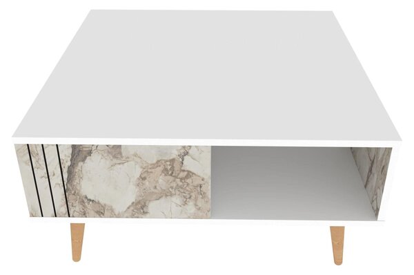 Masuta cafea Ronas, alb cu efect de marmura, PAL melaminat, 90x90x47 c