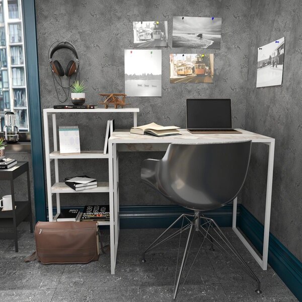 Birou RINO, alb cu efect de marmura, alb, PAL melaminat/metal, 133x60x