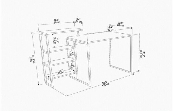 Birou RINO, alb cu efect de marmura, alb, PAL melaminat/metal, 133x60x