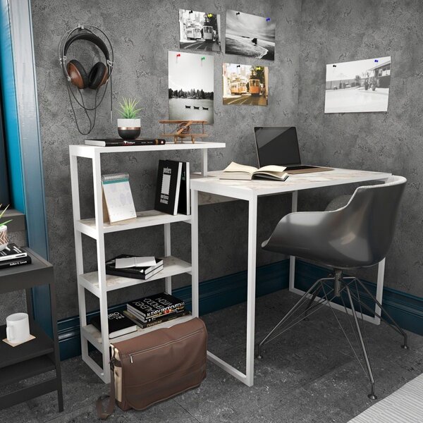 Birou RINO, alb cu efect de marmura, alb, PAL melaminat/metal, 133x60x