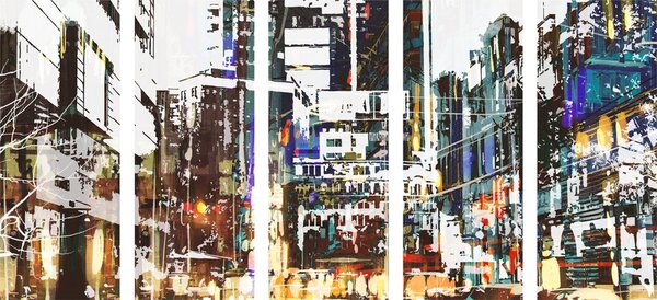 Tablou 5-piese panoramă abstractă a orașului