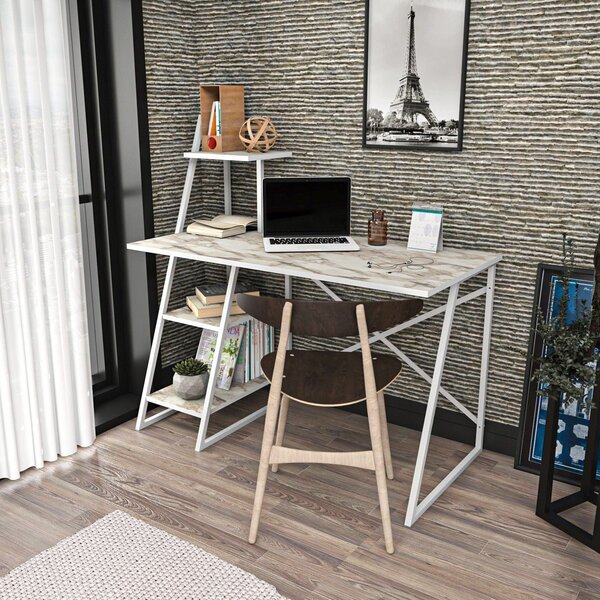 Birou ADMIRA, bej cu efect de marmura/alb, PAL melaminat/metal, 120x60