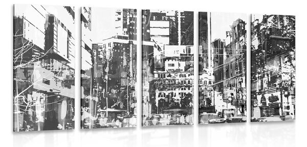 Tablou 5-piese panoramă abstractă a orașului în design alb-negru
