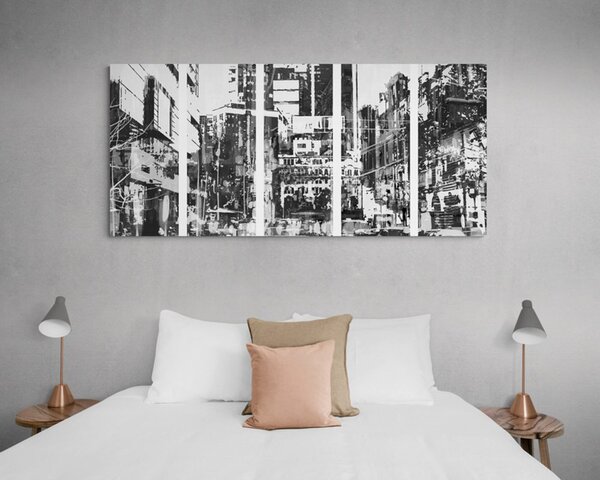 Tablou 5-piese panoramă abstractă a orașului în design alb-negru