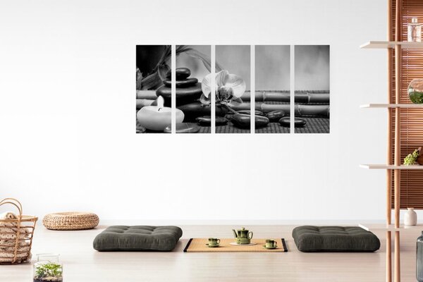 Tablou 5-piese natura moartă Feng Shui în design alb-negru