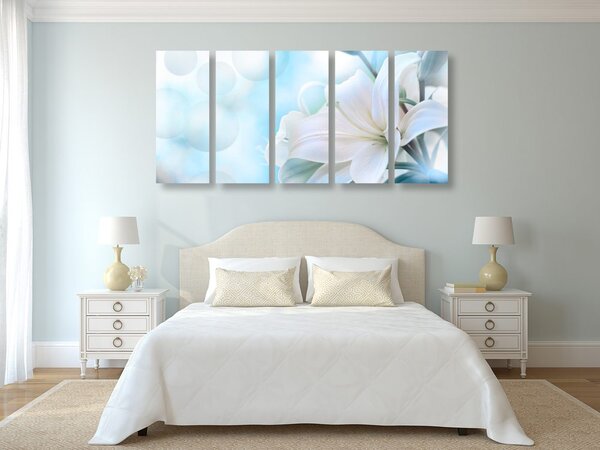 Tablou 5-piese floare albă de crin pe fundalul abstract