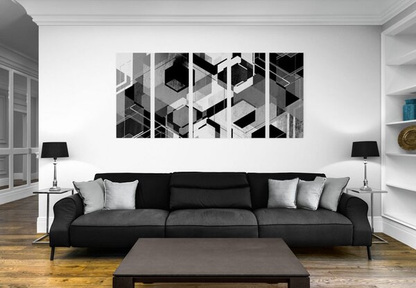 Tablou 5-piese geometrie abstractă în design alb-negru