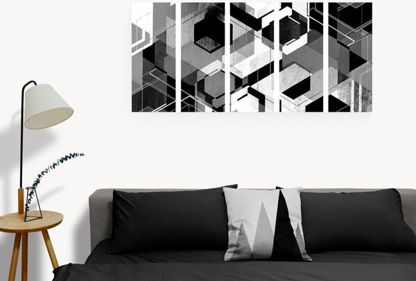 Tablou 5-piese geometrie abstractă în design alb-negru