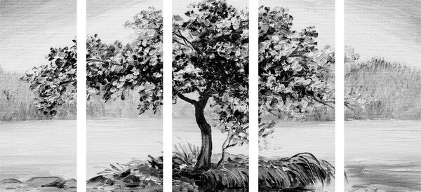 Tablou 5-piese cireș oriental în design alb-negru