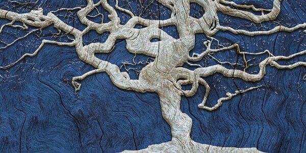 Tablou copacul abstract pe lemn cu contrast albastru