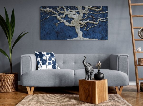 Tablou copacul abstract pe lemn cu contrast albastru