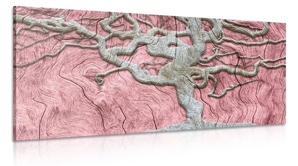 Tablou copacul abstract pe lemn cu contrast roz