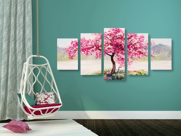 Tablou 5-piese cireș oriental în design roz