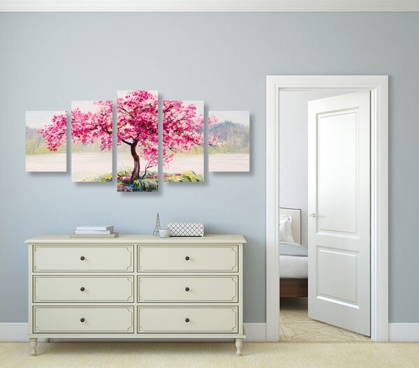 Tablou 5-piese cireș oriental în design roz