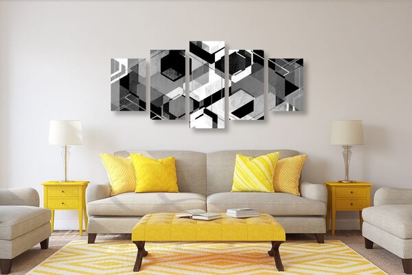 Tablou 5-piese geometrie abstractă în design alb-negru