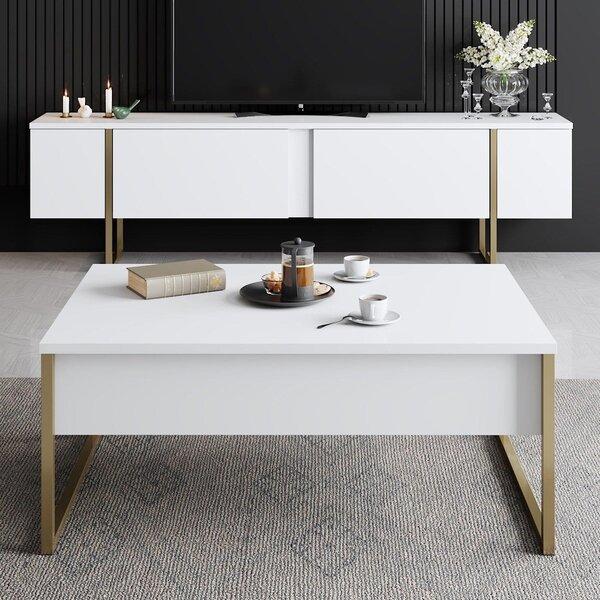Masuta cafea Luxe, alb/auriu, PAL/metal, 90x60x40 cm