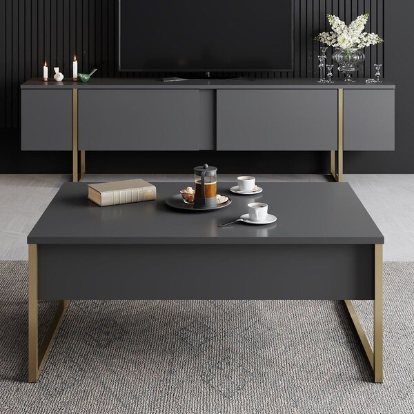 Masuta cafea Luxe, gri antracit/auriu, PAL/metal, 90x60x40 cm