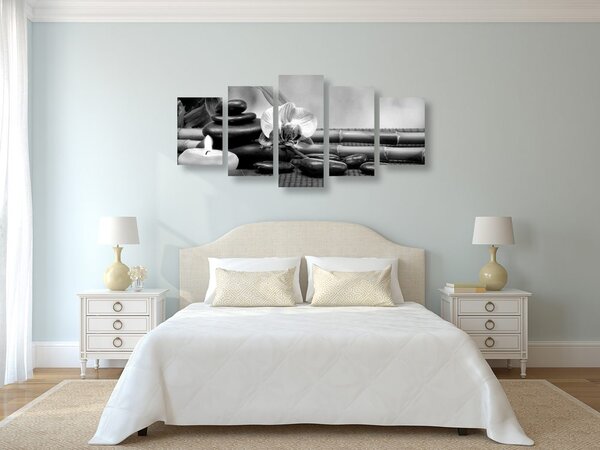 Tablou 5-piese natura moartă Feng Shui în design alb-negru