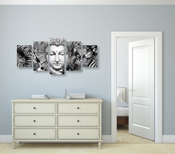 Tablou 5-piese Budha pe un fundal exotic în design alb-negru