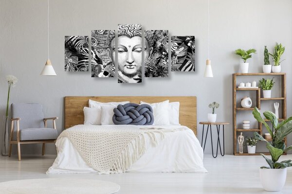 Tablou 5-piese Budha pe un fundal exotic în design alb-negru
