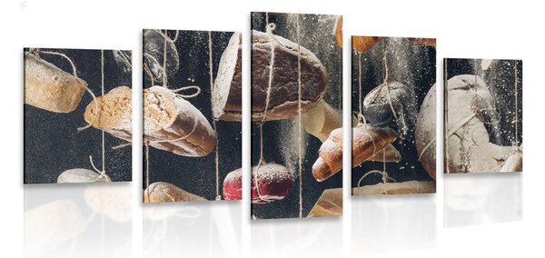 Tablou 5-piese produse de patiserie agățate pe frânghie