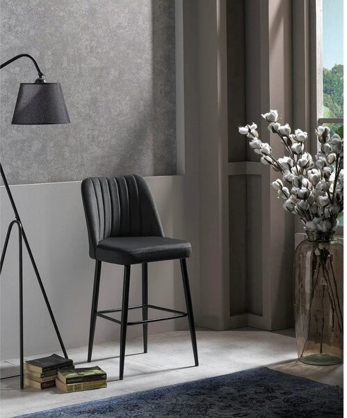 Set 2 scaune bar VENTO, gri antracit/negru, stofa catifelata/metal, 49