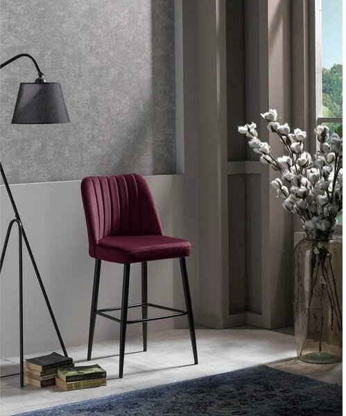 Set 2 scaune bar VENTO, rosu/negru, stofa catifelata/metal, 49x45x99 c