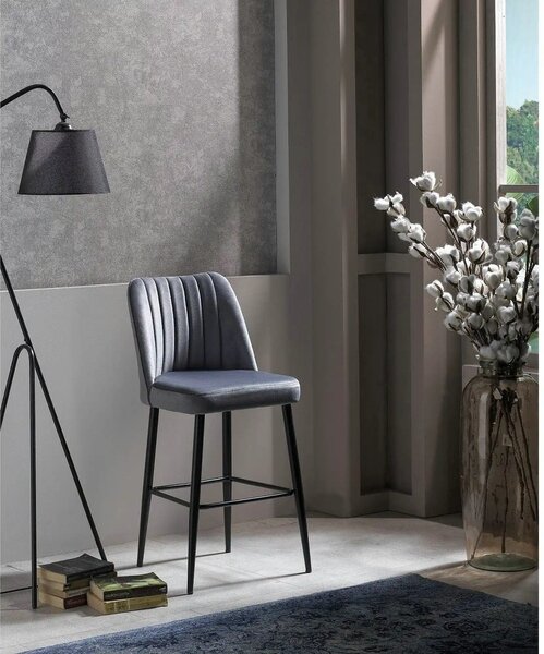 Set 2 scaune bar VENTO, gri/negru, stofa catifelata/metal, 49x45x99 cm