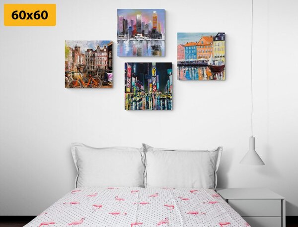 Set tablouri orașe cu imitație de pictură în ulei