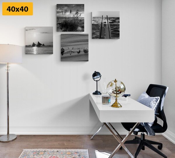 Set tablouri mare și plajă în design alb-negru