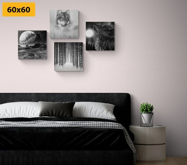 Set tablouri lupul tainic în design alb-negru