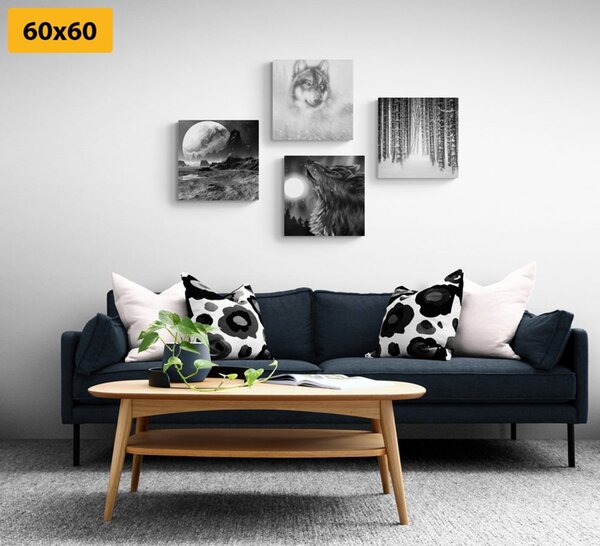 Set tablouri lupul tainic în design alb-negru